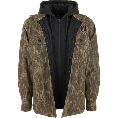 A camo print button-up overshirt layered over a dark grey Spoonie Campfire Hoodie.