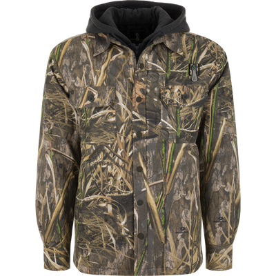 Spoonie Campfire Hoodie in a Mossy Oak Shadow Grass Habitat camouflage print with an attached dark gray hood.