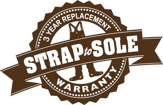 A brown and white logo for 3-Year Strap to Sole Replacement Warranty.