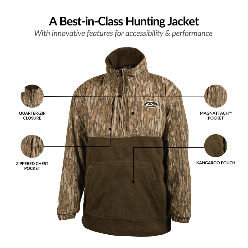 MST Youth Eqwader Quarter Zip Jacket featuring Eqwader™ technology, showcasing waterproof upper with breathable fleece lower; includes Magnattach™ pocket and zippered chest pocket for hunting comfort.