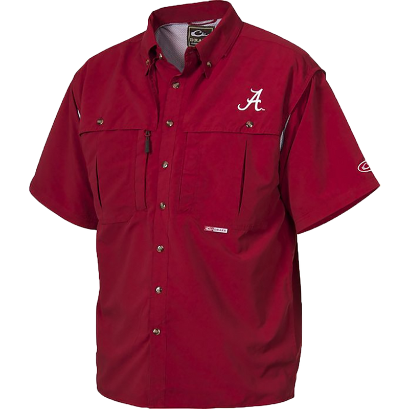 Alabama Wingshooter's Shirt S/S: Red shirt with white letter, perfect for Game Day. Features include heat vents, Magnattach™ pocket, and breathable fabric for hunting and outdoor activities.
