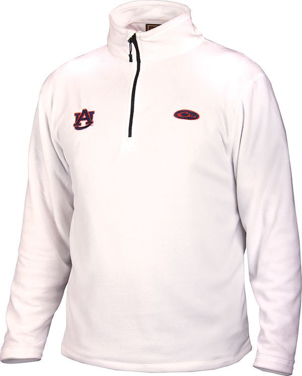 Auburn Camp Fleece 1/4 Zip Pullover, a white jacket with Auburn logo on right chest, perfect for cool fall days. Midweight layering garment made of 100% Polyester micro-fleece with anti-pill finish and moisture-wicking properties.