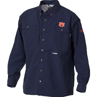 Blue Auburn Wingshooter's Shirt Long Sleeve with logo, front and back ventilation, Magnattach pockets, and zippered chest pocket. Ideal for Game Day. High-quality hunting gear by Drake Waterfowl.