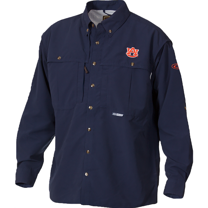 Blue Auburn Wingshooter's Shirt Long Sleeve with logo, front and back ventilation, Magnattach pockets, and zippered chest pocket. Ideal for Game Day. High-quality hunting gear by Drake Waterfowl.