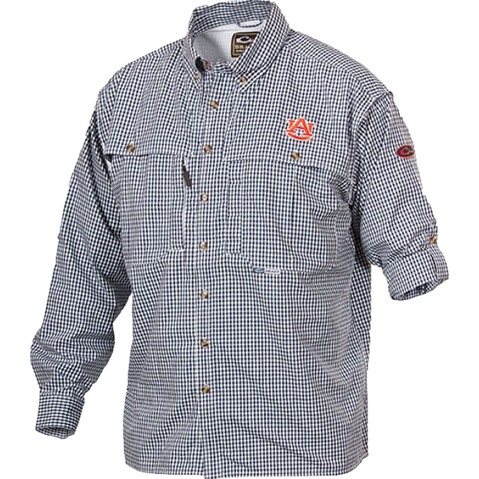 Auburn Plaid Wingshooter's Shirt Long Sleeve with checkered pattern, front and back vents, mesh back, and multiple chest pockets.