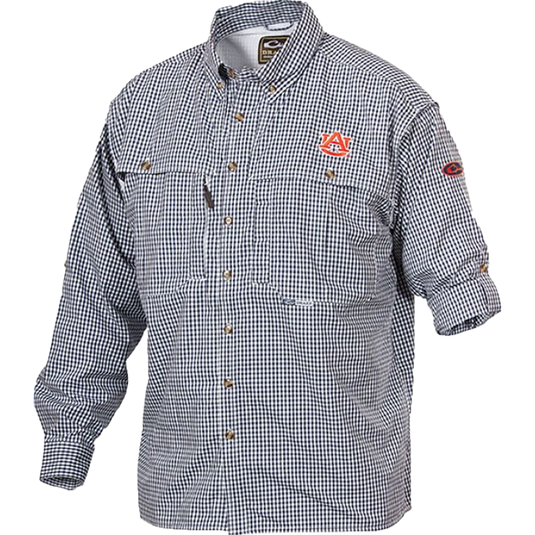 Auburn Plaid Wingshooter's Shirt Long Sleeve with checkered pattern, front and back vents, mesh back, and multiple chest pockets.