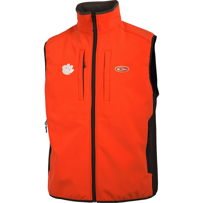 Clemson Windproof Tech Vest: Lightweight, windproof polyester vest with bonded fleece lining. Features vertical zippered chest pockets and lower hand warmer pockets. Perfect for blocking out the wind.