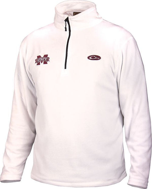 A midweight Mississippi State Camp Fleece 1/4 Zip Pullover with embroidered logo on right chest. Perfect for cool fall days.