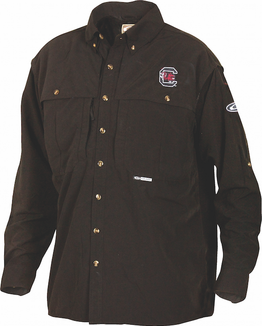 Brown South Carolina Wingshooter's Shirt L/S with logo. Breathable, vented design for Game Day. Features Magnattach™ pocket, heat vents, and oversized chest pockets. Ideal for hunting and outdoor activities.