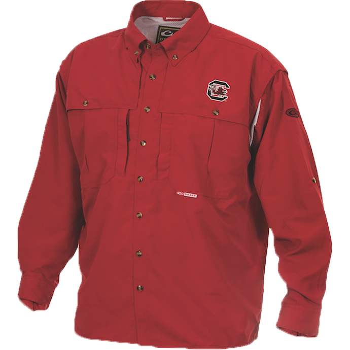A red high-performance South Carolina Wingshooter's Shirt L/S for Game Day by Drake Waterfowl. Features include front and back ventilation, Magnattach™ pocket, and durable polyester construction. Ideal for hunting and outdoor activities.