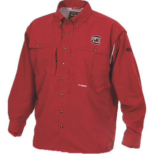 A red high-performance South Carolina Wingshooter's Shirt L/S for Game Day by Drake Waterfowl. Features include front and back ventilation, Magnattach™ pocket, and durable polyester construction. Ideal for hunting and outdoor activities.