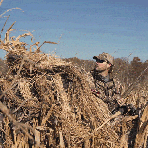 A man in a camouflaged suit holding a gun in a field, featuring the Ghillie 4-Man Blind with No-Shadow Dual Action Top.