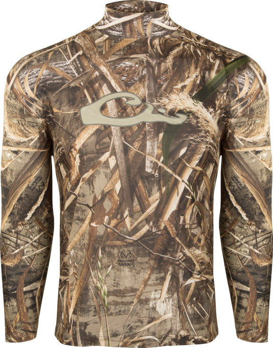 A long-sleeved camouflage shirt with a logo, made of performance fabric for hot-weather hunting. Moisture-wicking and ultralight, it keeps you cool and comfortable. Perfect for layering or ground blinds. Final sale.
