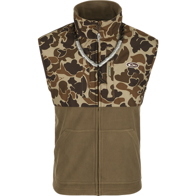 MST Eqwader Vest: A camouflage vest with a necklace, featuring waterproof protection, fleece-lined upper body, and multiple pockets for storage.