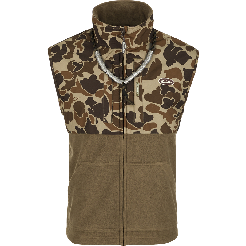 MST Eqwader Vest: A camouflage vest with a necklace, featuring waterproof protection, fleece-lined upper body, and multiple pockets for storage.