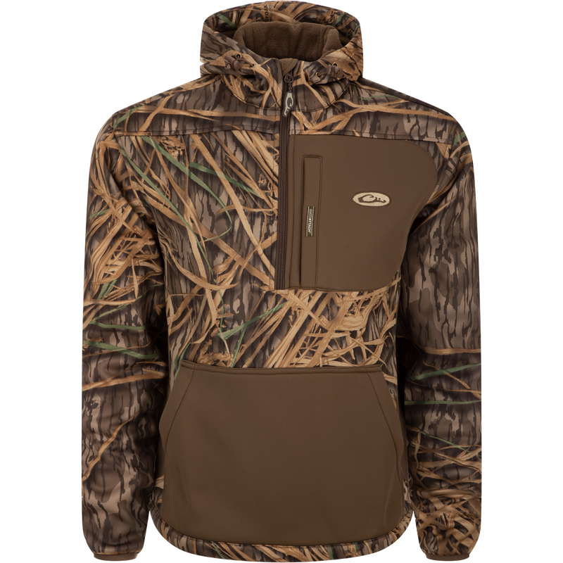 MST Endurance Hoodie With Kangaroo Pouch: A camouflage jacket with a deep quarter-zip neck, Magnattach™ chest pocket, kangaroo pouch, and fleece-lined hood. Ideal for comfort and mobility in warmer conditions.