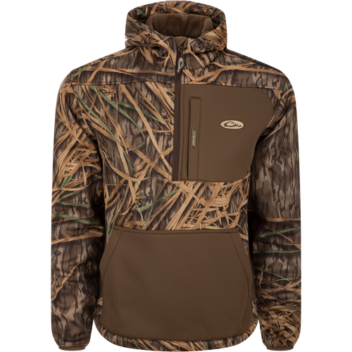 MST Endurance Hoodie With Kangaroo Pouch: A camouflage jacket with a deep quarter-zip neck, Magnattach™ chest pocket, kangaroo pouch, and fleece-lined hood. Ideal for comfort and mobility in warmer conditions.