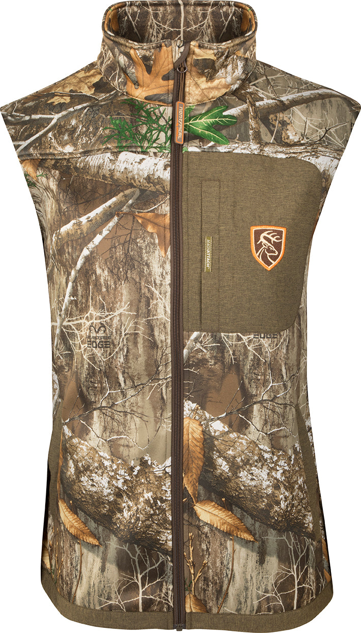 Endurance Vest with Agion Active XL: A camouflage vest with a pocket, zipper, and logo of a deer. Perfect for keeping your core warm and arms free during outdoor activities. Ideal for hunting big game or as a mid layer under your favorite Drake Non-Typical™ Jacket.