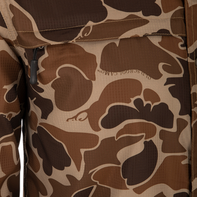 A close-up of the Drake 8-Shot Flyweight S/S Shirt, featuring the exclusive Old School Camo pattern. Lightweight Dobby fabric with built-in stretch, UPF 30 sun protection, and moisture-wicking properties. Classic fit with hidden button-down collar and vented cape back.