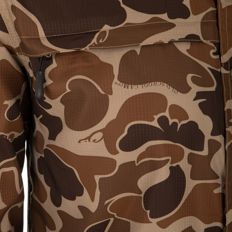 A close-up of the Drake 8-Shot Flyweight S/S Shirt, featuring the exclusive Old School Camo pattern. Lightweight Dobby fabric with built-in stretch, UPF 30 sun protection, and moisture-wicking properties. Classic fit with hidden button-down collar and vented cape back.