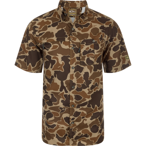 8-Shot Flyweight S/S Shirt: A lightweight, camo-patterned shirt made from moisture-wicking fabric. Features a hidden button-down collar and vented cape back. Chest pockets with hidden zippers.
