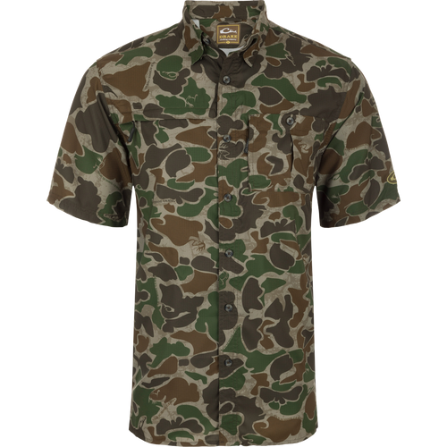 8-Shot Flyweight S/S Shirt: Lightweight camo shirt with hidden buttons, vented cape back, and zippered chest pockets. Featherweight fabric wicks moisture and offers UPF30 sun protection. Classic fit with split tail hem for versatile styling.