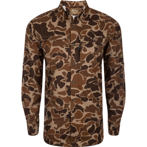 8-Shot Flyweight L/S Shirt: Camouflage patterned shirt made of lightweight polyester fabric. Features hidden button-down collar, vented cape back, and adjustable roll-up sleeves.