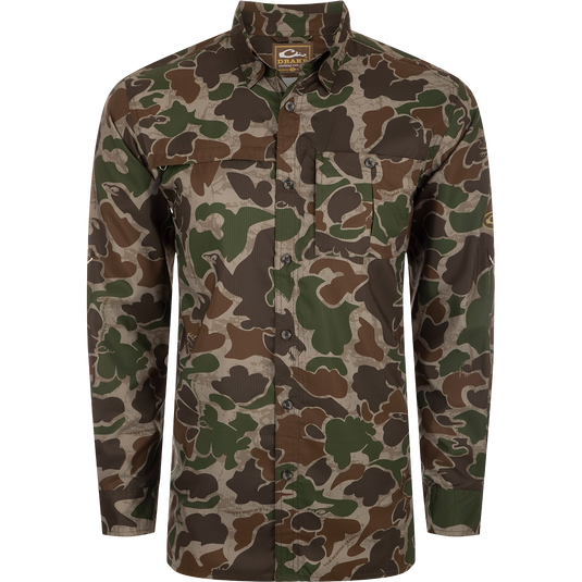 A close-up of the Drake 8-Shot Flyweight L/S Shirt, featuring the exclusive Old School Camo pattern. Made from 100% Polyester Dobby fabric, it offers UPF30 sun protection, moisture-wicking, and quick-drying properties. 