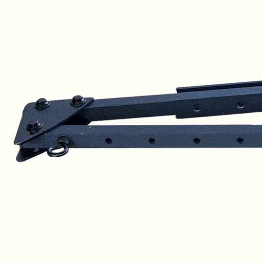 Ghillie Boat Blind with No-Shadow Dual Action Top: A black metal tool with screws, featuring a close-up of a black metal bar.
