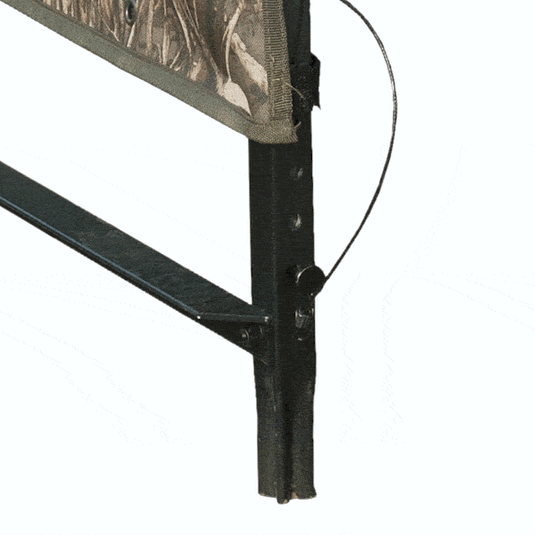 Ghillie Shallow Water Chair Blind: A metal frame with a black pole and a shoe on it, featuring a close-up of a screen.