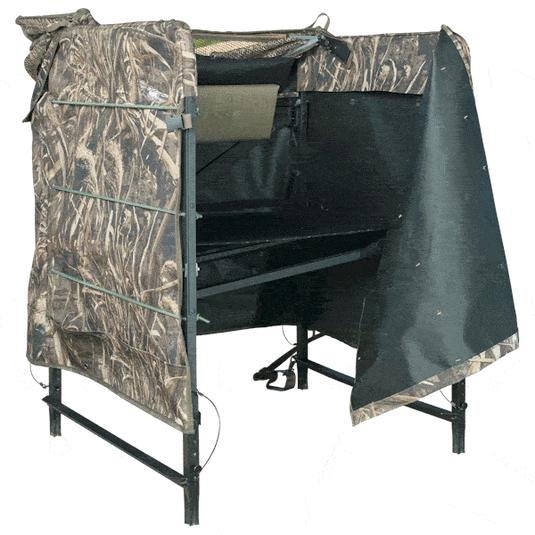 Ghillie Shallow Water Chair Blind: Portable camouflage tent with tarp for duck hunting. Blend into marsh grass or fence line. Tri-fold design for stability.