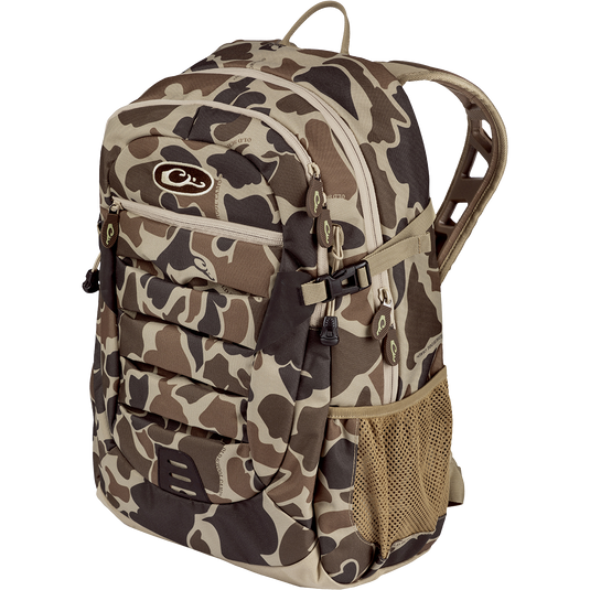 A compact Youth Camo Daypack with ample storage, hydration pouch, and EVA shoulder straps. Ideal for casual or hunting use.