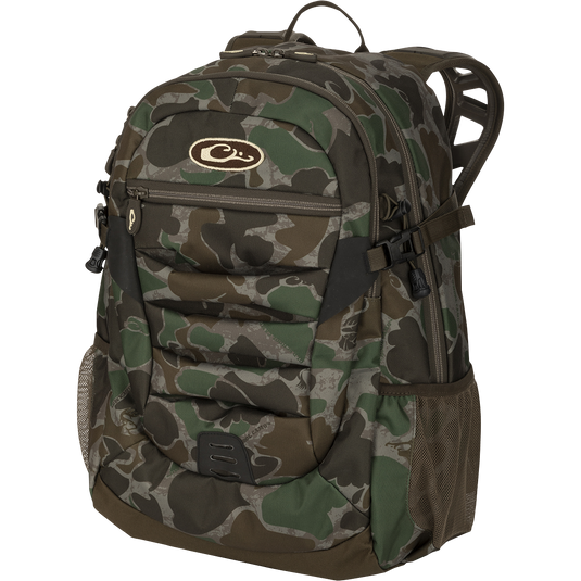 A compact Youth Camo Daypack with zippered storage, hydration pouch pocket, EVA shoulder straps, and more. Perfect for casual or hunting use.