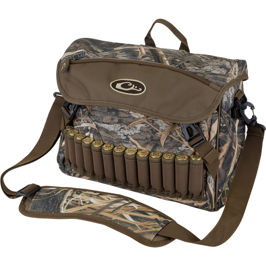 A close-up of the Shoulder Bag 2.0 with cartridges, shotgun shells, and a logo.