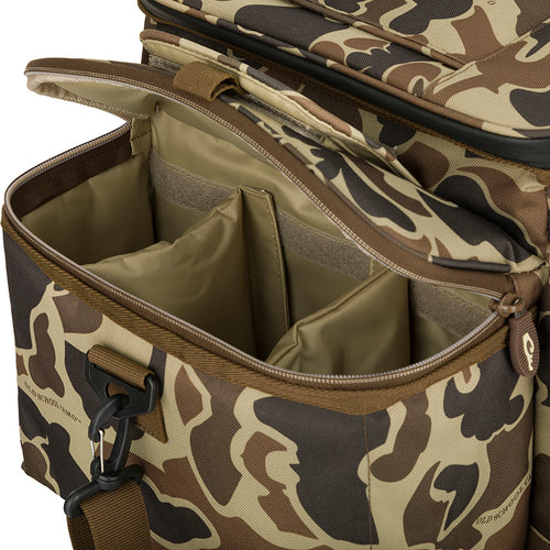 Wingshooter's Shell Boss: Camouflage bag with zipper, 12-can/bottle cooler compartment, quick-access flap for shells, and removable mesh game bag.