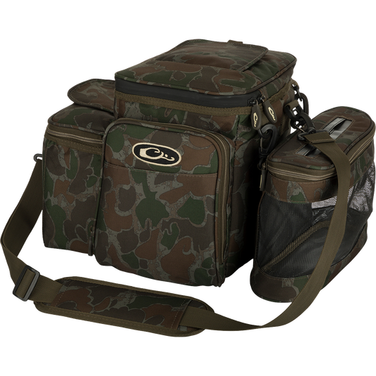 A group of bags with straps, including the Wingshooter's Shell Boss, a camouflage bag with a logo, and a close-up of a bag.