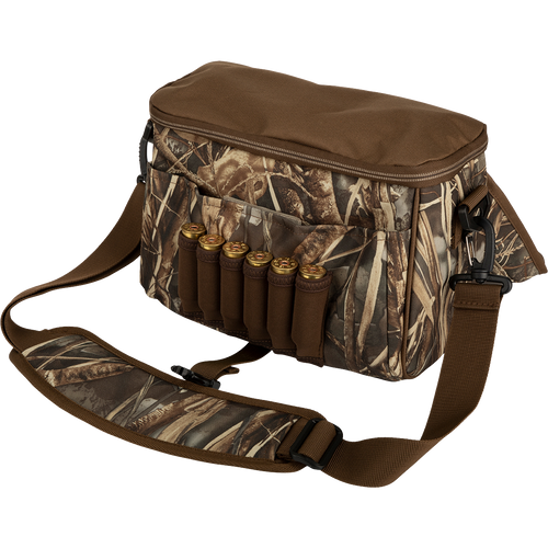 Refuge Blind Bag by Drake Waterfowl: A durable hunting bag with bullets, adjustable strap, outer pocket, and neoprene shell loops. Ideal for daily hunters needing essential gear without excess weight.
