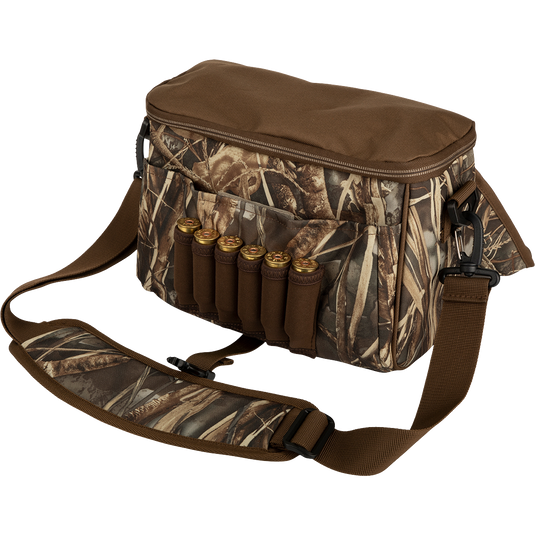 Refuge Blind Bag by Drake Waterfowl: A durable hunting bag with bullets, adjustable strap, outer pocket, and neoprene shell loops. Ideal for daily hunters needing essential gear without excess weight.