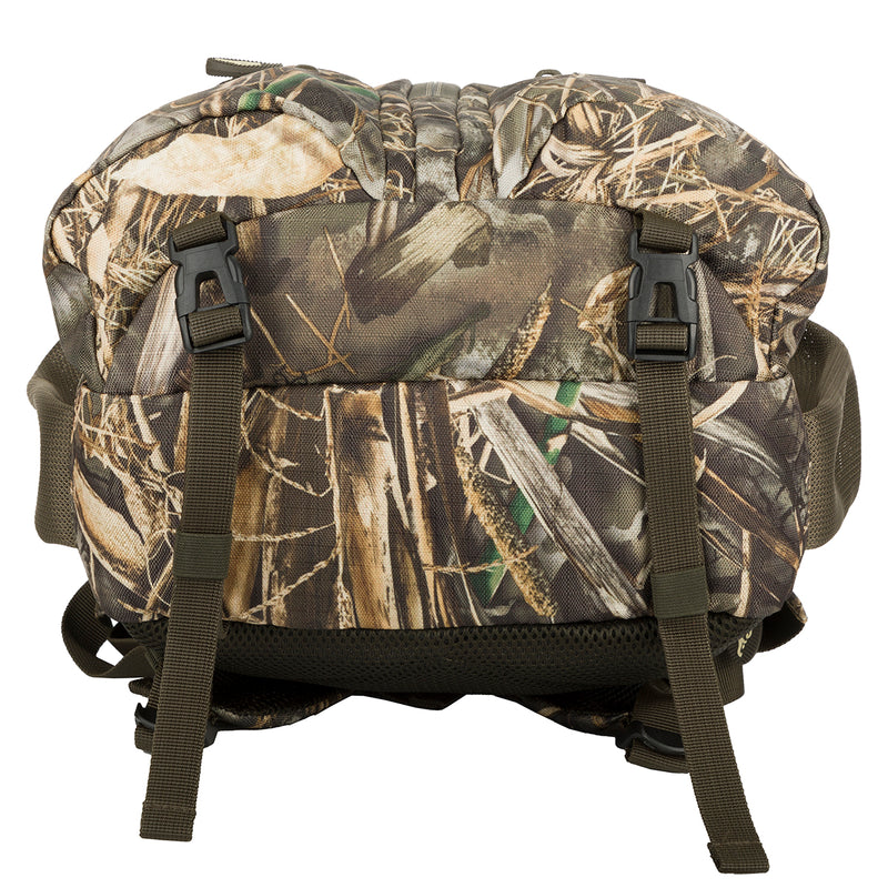 A compact camouflage backpack with straps, perfect for hunting or everyday use. Features large zippered storage, external carry straps, and interior pouches. Dimensions: 18.5