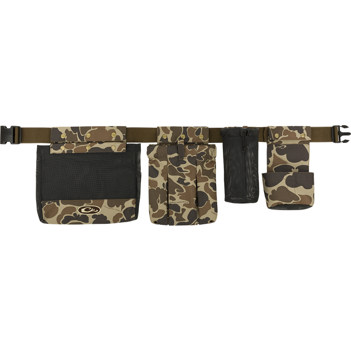 Wingshooter's Dove Belt: A belt with various items including a black case, camouflage belt pouch, camouflage bag with logo, and a close-up of a camouflage bag.
