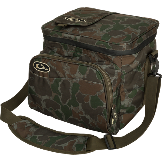 A waterproof camouflage bag with a strap, perfect for carrying 18 cans and keeping them cold. Lightweight and rugged, it's ideal for outdoor adventures.