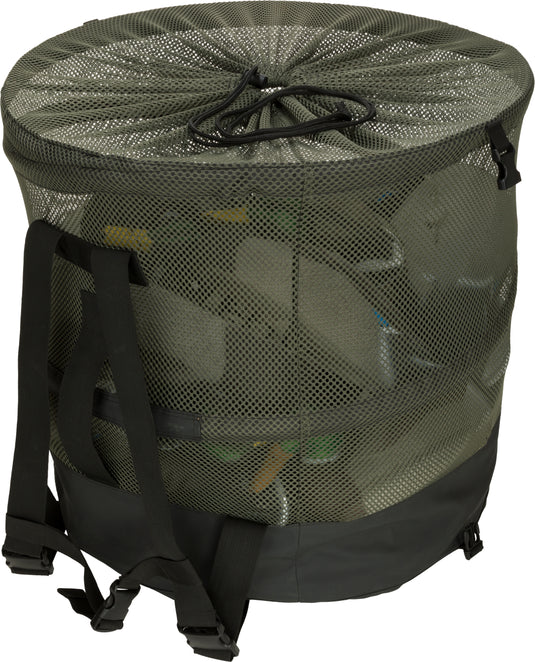 A Large Stand-Up Decoy Bag 2.0, with a green mesh bag, black strap, and coil spring, stands open for easy loading and unloading of up to 18 magnum or 24-30 standard duck decoys. Collapse and store conveniently when empty. Perfect for hunting.
