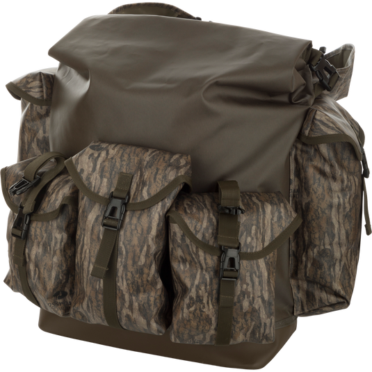 A rugged backpack with multiple compartments for hunting gear, featuring a waterproof bottom and roll-top main compartment.