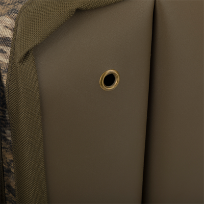 A close-up of the Large Blind Bag by Drake Waterfowl, featuring 18 pockets for organizing gear. Waterproof construction with durable materials and adjustable straps. Dimensions: 18