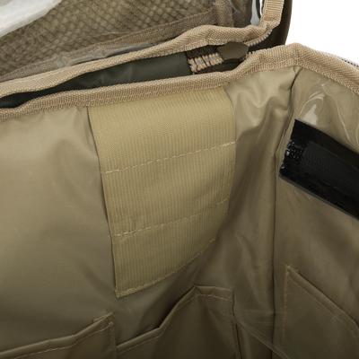 Large Blind Bag: A khaki bag with 18 pockets for organizing gear. Waterproof construction with vinyl liners and a heavy-duty nylon/TPU bottom. Adjustable shoulder strap and dimensions of 18