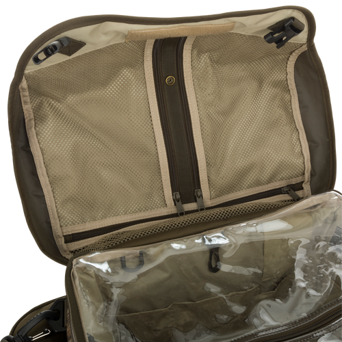 Large Blind Bag - A close-up of a bag with 18 pockets for organizing gear. Waterproof construction with durable bottom and adjustable shoulder strap.