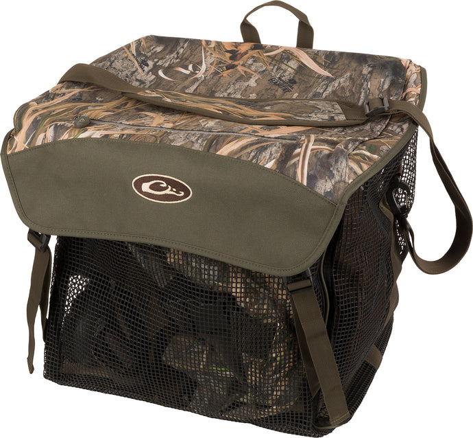 A low-profile Wader Bag 2.0 with camouflage pattern, made of 210 Denier PVC rubber coated mesh. Features a waterproof floor and a zippered front cargo pocket. Ideal for drying wet waders.