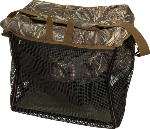A low-profile Wader Bag 2.0 made of PVC rubber coated mesh. Features a zippered front cargo pocket and a waterproof floor. Perfect for wet waders to dry quicker.