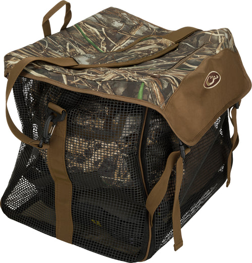 A low-profile Wader Bag 2.0 with camouflage pattern, made of PVC rubber coated mesh. Features a waterproof floor and zippered front cargo pocket. Ideal for drying wet waders.