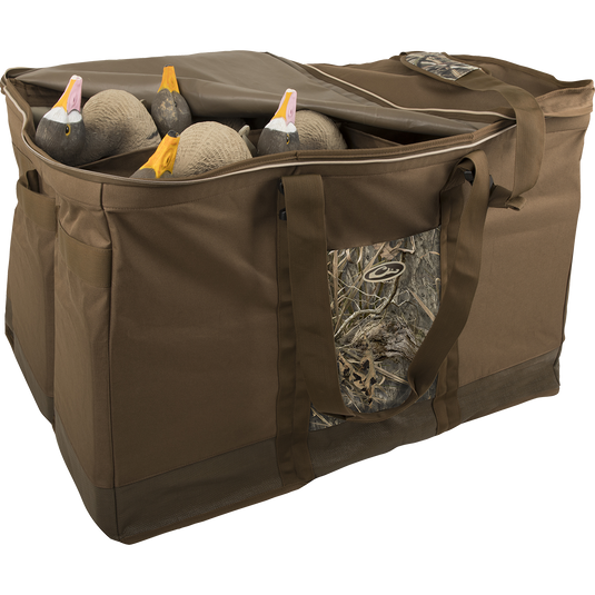 A rugged 6 Slot Zippered-Top Decoy Bag with compartments for floaters, standers, and teal decoys. Features a zip-top, padded shoulder strap, and front pocket for extra weights. Dimensions: W-32", D-21", H-22". 